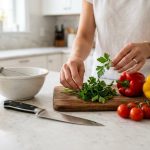 Adult hands meticulously arrange fresh vegetables, herbs, and essential cooking tools like a chef's knife on a pristine kitchen counter, bathed in soft natural light, evoking culinary potential.