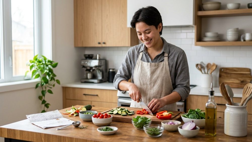 A young adult confidently cooks in a bright, modern kitchen with warm wood cabinetry and white countertops, bathed in natural light. They are meticulously preparing colorful, fresh vegetables, neatly arranged in small bowls on a spotless counter, using a clever kitchen tool. Slightly to the side, a subtly crumpled recipe page or small vegetable scrap hints at a past challenge. The cook has a calm, focused, and joyful expression, radiating quiet satisfaction. The ultra-photorealistic scene is clean, inspiring, and conveys the joy of practical cooking.