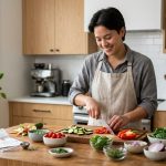 A young adult confidently cooks in a bright, modern kitchen with warm wood cabinetry and white countertops, bathed in natural light. They are meticulously preparing colorful, fresh vegetables, neatly arranged in small bowls on a spotless counter, using a clever kitchen tool. Slightly to the side, a subtly crumpled recipe page or small vegetable scrap hints at a past challenge. The cook has a calm, focused, and joyful expression, radiating quiet satisfaction. The ultra-photorealistic scene is clean, inspiring, and conveys the joy of practical cooking.