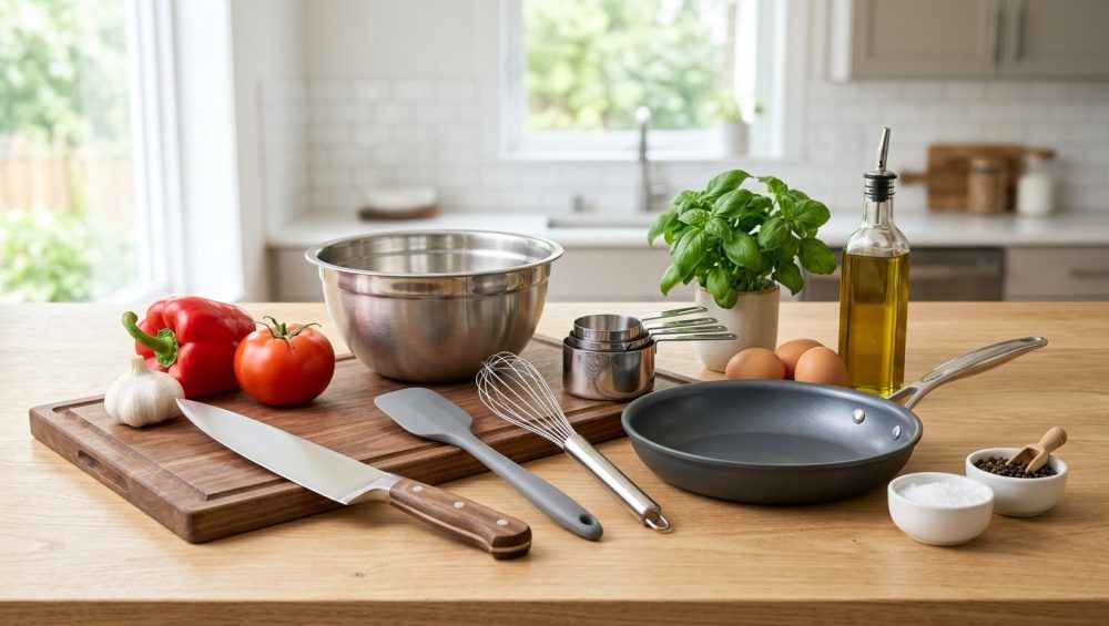 A photorealistic image of essential kitchen tools and fresh ingredients—including a chef's knife, bell pepper, and eggs—artfully arranged on a light counter, bathed in soft natural light, suggesting a clean, modern cooking setup.