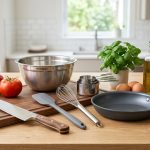 A photorealistic image of essential kitchen tools and fresh ingredients—including a chef's knife, bell pepper, and eggs—artfully arranged on a light counter, bathed in soft natural light, suggesting a clean, modern cooking setup.