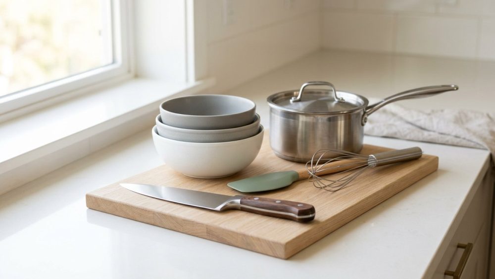 A highly photorealistic still life photograph of a clean, minimalist collection of essential kitchen tools. It features a gleaming stainless steel chef's knife, a light wood cutting board, nesting mixing bowls, a silicone spatula with a light wood handle, a sturdy whisk, and a small modern saucepan. These tools are meticulously arranged on a pristine, light-colored surface, bathed in soft, natural light, creating a fresh, calm, and inviting feel with a neutral color palette.