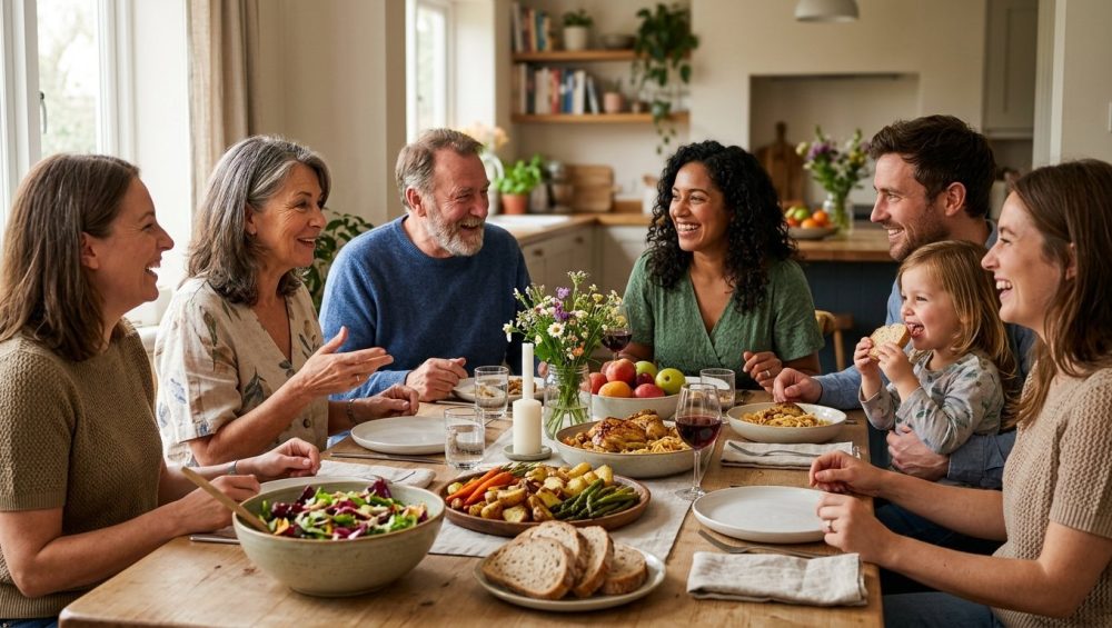 A photorealistic image of a diverse group of friends and family happily gathered around a dining table, engaged in warm conversation and sharing a simple spread of wholesome, home-cooked dishes. Soft natural light bathes the cozy scene, with a softly blurred background emphasizing their intimate connection and shared joy.