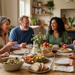 A photorealistic image of a diverse group of friends and family happily gathered around a dining table, engaged in warm conversation and sharing a simple spread of wholesome, home-cooked dishes. Soft natural light bathes the cozy scene, with a softly blurred background emphasizing their intimate connection and shared joy.