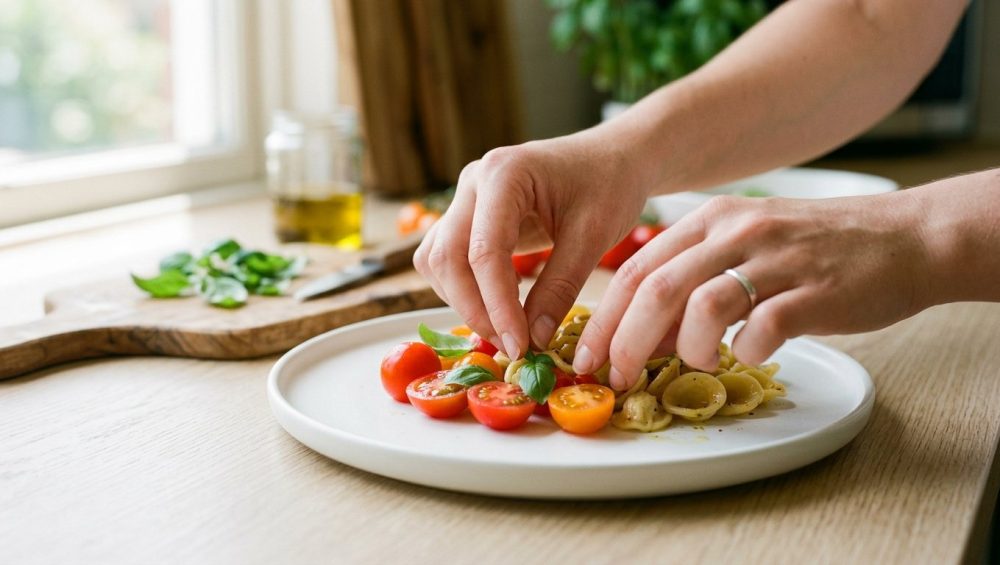 A close-up of gentle hands meticulously arranging vibrant green basil leaves and red cherry tomatoes on a pristine white plate in a softly lit, modern kitchen, conveying quiet culinary artistry.