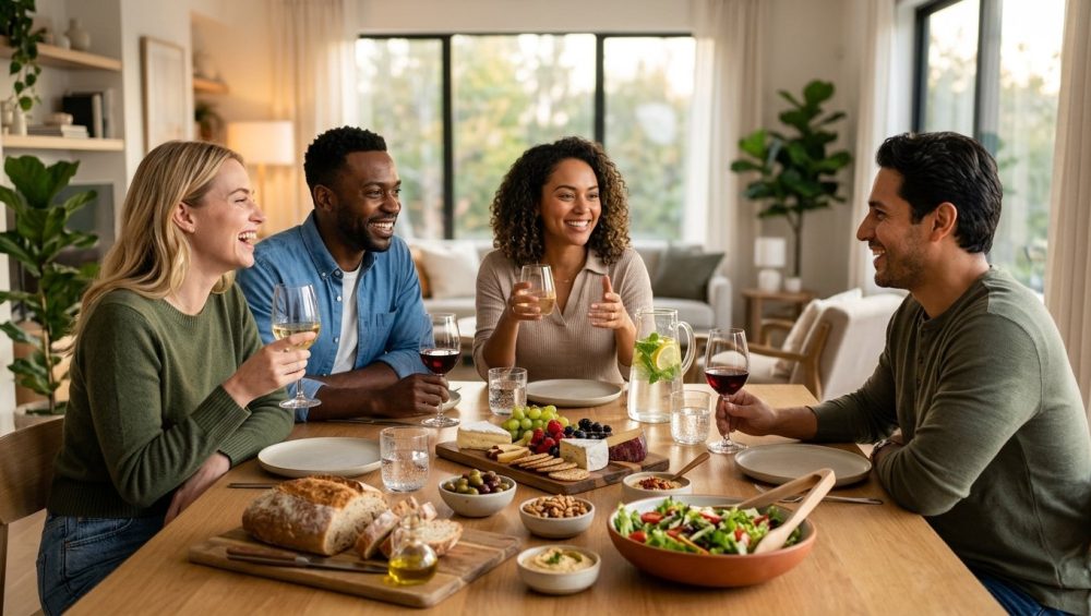 An ultra-photorealistic image shows a diverse group of three friends in their early 30s, laughing and chatting around a beautifully set modern dining table in a warm, inviting home. The table holds a simple yet appealing spread of a gourmet cheese board, fresh salad, and crusty bread. Soft natural light streams into the clean, stylish interior, creating a relaxed and genuinely connected atmosphere.