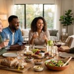 An ultra-photorealistic image shows a diverse group of three friends in their early 30s, laughing and chatting around a beautifully set modern dining table in a warm, inviting home. The table holds a simple yet appealing spread of a gourmet cheese board, fresh salad, and crusty bread. Soft natural light streams into the clean, stylish interior, creating a relaxed and genuinely connected atmosphere.