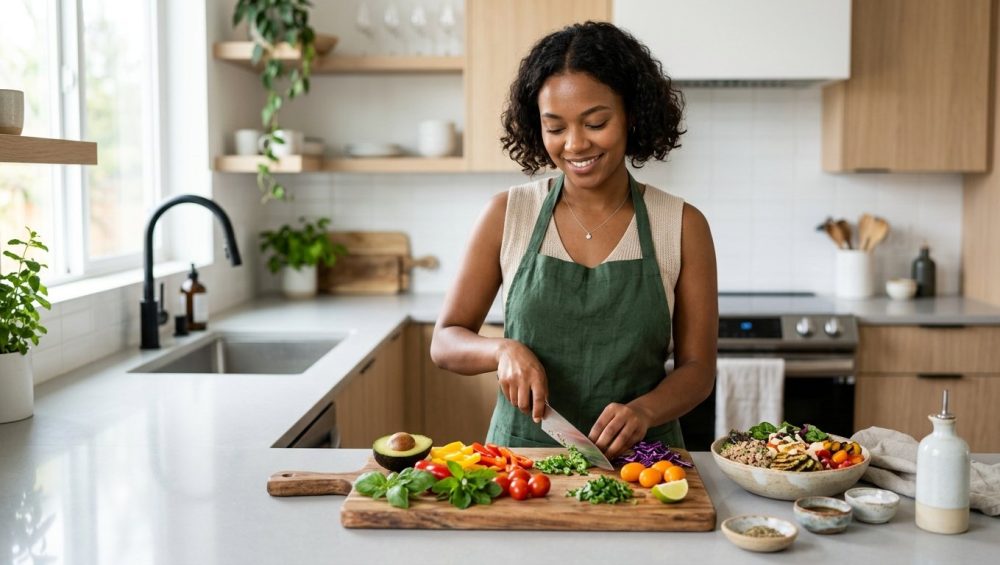 A diverse young adult, with a calm and confident expression, is actively preparing food in a bright, minimalist kitchen. They hold a chef's knife over a wooden cutting board piled with vibrant, fresh ingredients like avocado and bell peppers. A colorful, partially prepared dish sits nearby. The scene is photorealistic and brightly lit.