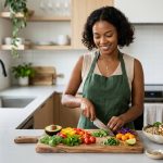 A diverse young adult, with a calm and confident expression, is actively preparing food in a bright, minimalist kitchen. They hold a chef's knife over a wooden cutting board piled with vibrant, fresh ingredients like avocado and bell peppers. A colorful, partially prepared dish sits nearby. The scene is photorealistic and brightly lit.