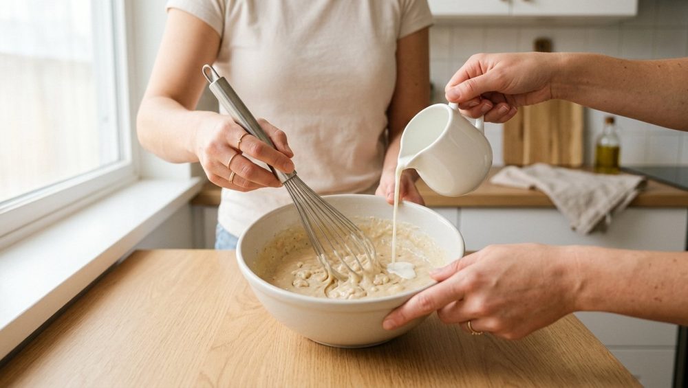 Ultra-photorealistic close-up of hands calmly whisking a slightly lumpy, creamy white sauce in a simple ceramic bowl on a clean, modern kitchen countertop. One hand gently adds liquid to correct the common culinary mishap, creating an encouraging, stress-free scene. Soft, diffused natural light highlights the textures with shallow depth of field, conveying a warm, approachable aesthetic.
