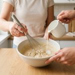 Ultra-photorealistic close-up of hands calmly whisking a slightly lumpy, creamy white sauce in a simple ceramic bowl on a clean, modern kitchen countertop. One hand gently adds liquid to correct the common culinary mishap, creating an encouraging, stress-free scene. Soft, diffused natural light highlights the textures with shallow depth of field, conveying a warm, approachable aesthetic.