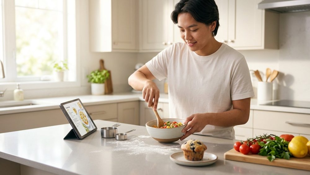 A photorealistic image of a relatable person confidently preparing vibrant ingredients in a bright, modern kitchen. Natural light illuminates the scene, which includes subtle hints of a past cooking challenge like an open cookbook or a rustic baked good. The person looks focused and pleased.