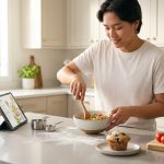 A photorealistic image of a relatable person confidently preparing vibrant ingredients in a bright, modern kitchen. Natural light illuminates the scene, which includes subtle hints of a past cooking challenge like an open cookbook or a rustic baked good. The person looks focused and pleased.