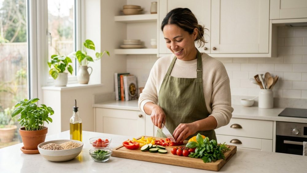 A home cook's clean hands precisely chop vibrant vegetables like bell peppers and zucchini on a light wooden cutting board in a sunlit, immaculately clean kitchen, conveying ease, culinary discovery, and quiet confidence.