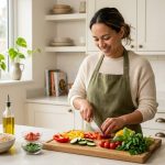 A home cook's clean hands precisely chop vibrant vegetables like bell peppers and zucchini on a light wooden cutting board in a sunlit, immaculately clean kitchen, conveying ease, culinary discovery, and quiet confidence.