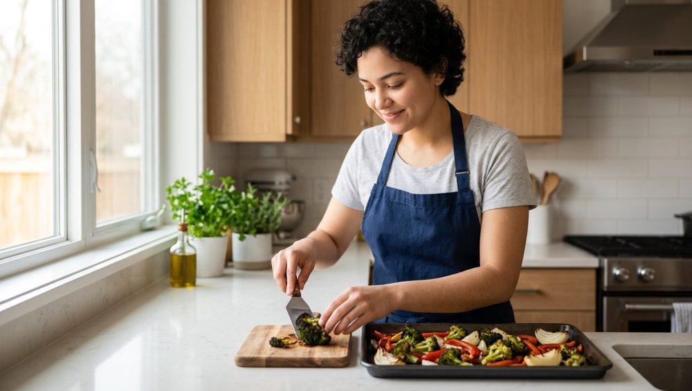A young adult home cook calmly scrapes slightly over-browned roasted vegetables from a baking sheet with a spatula in a bright, clean, modern kitchen. The scene conveys a practical, reassuring approach to minor kitchen mishaps.