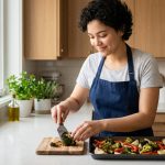 A young adult home cook calmly scrapes slightly over-browned roasted vegetables from a baking sheet with a spatula in a bright, clean, modern kitchen. The scene conveys a practical, reassuring approach to minor kitchen mishaps.