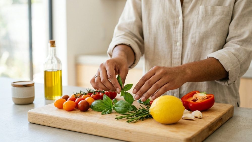 A close-up, photorealistic image of a new cook's hands gently arranging vibrant cherry tomatoes, a bright lemon, and fresh herbs on a clean wooden cutting board. Soft natural light fills a minimalist kitchen, with a blurred olive oil bottle in the background, conveying a calm, inspiring moment of culinary discovery.