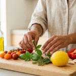 A close-up, photorealistic image of a new cook's hands gently arranging vibrant cherry tomatoes, a bright lemon, and fresh herbs on a clean wooden cutting board. Soft natural light fills a minimalist kitchen, with a blurred olive oil bottle in the background, conveying a calm, inspiring moment of culinary discovery.
