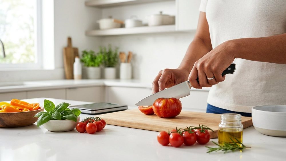 A close-up of confident hands preparing fresh, vibrant vegetables on a pristine, modern kitchen countertop.