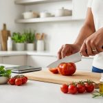 A close-up of confident hands preparing fresh, vibrant vegetables on a pristine, modern kitchen countertop.