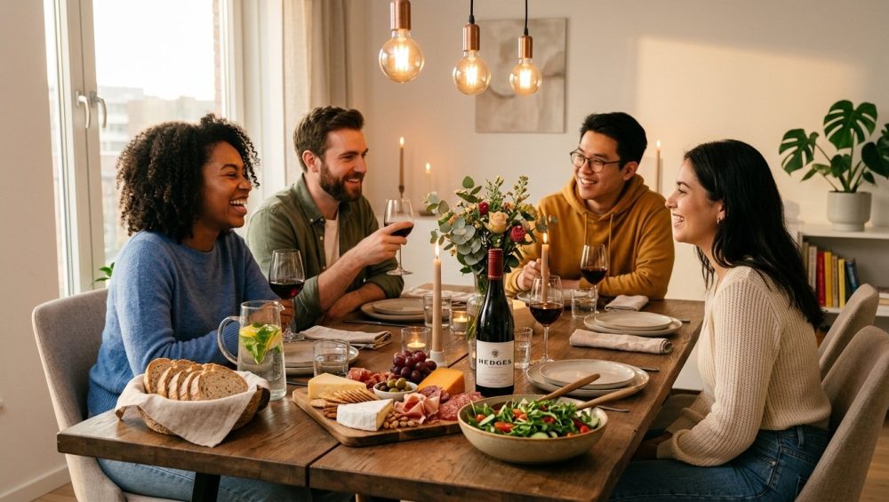 A photorealistic image captures a warm, inviting dinner party. Three young adults, smiling and making eye contact, are engaged in joyful conversation around a modern dining table. The table is laden with an abundant charcuterie board, a fresh green salad, rustic bread, and a pitcher of infused water or wine. Soft, golden-hour lighting and candles fill the cozy, modern apartment, creating an intimate atmosphere of effortless hospitality and meaningful connection.