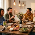 A photorealistic image captures a warm, inviting dinner party. Three young adults, smiling and making eye contact, are engaged in joyful conversation around a modern dining table. The table is laden with an abundant charcuterie board, a fresh green salad, rustic bread, and a pitcher of infused water or wine. Soft, golden-hour lighting and candles fill the cozy, modern apartment, creating an intimate atmosphere of effortless hospitality and meaningful connection.