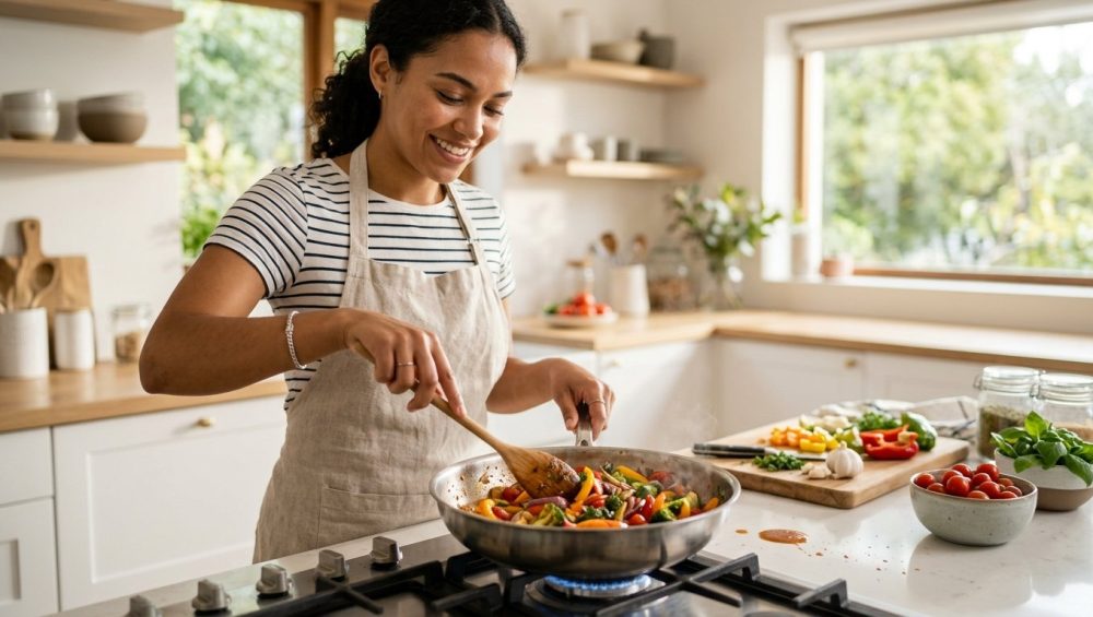 A young adult's hands gracefully stir a colorful meal in a stainless steel pan on a gas stovetop in a bright, modern kitchen. The scene conveys quiet confidence and the joy of successfully mastering a cooking challenge, with fresh ingredients subtly blurred in the background.