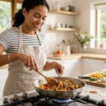 A young adult's hands gracefully stir a colorful meal in a stainless steel pan on a gas stovetop in a bright, modern kitchen. The scene conveys quiet confidence and the joy of successfully mastering a cooking challenge, with fresh ingredients subtly blurred in the background.