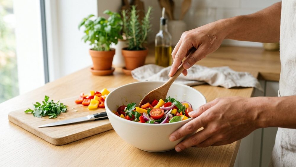 A medium close-up of diverse hands stirring vibrant chopped vegetables in a matte ceramic bowl with a wooden spoon. On a clean, light kitchen counter, a cutting board with more vegetables and a knife are visible, all bathed in soft natural light.