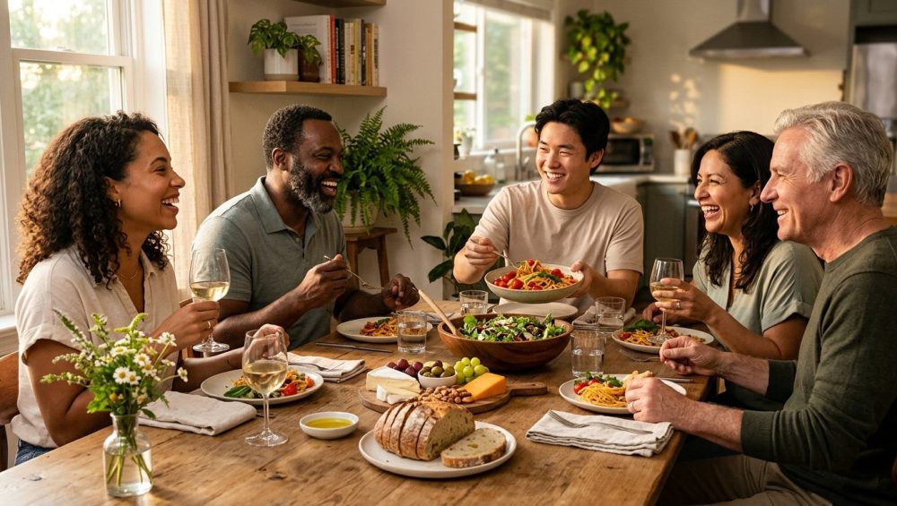 A warm, photorealistic scene of diverse friends and family joyfully gathered around a rustic dining table, sharing simple, fresh food and engaged in connected conversation, bathed in soft natural light.