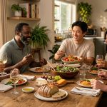 A warm, photorealistic scene of diverse friends and family joyfully gathered around a rustic dining table, sharing simple, fresh food and engaged in connected conversation, bathed in soft natural light.