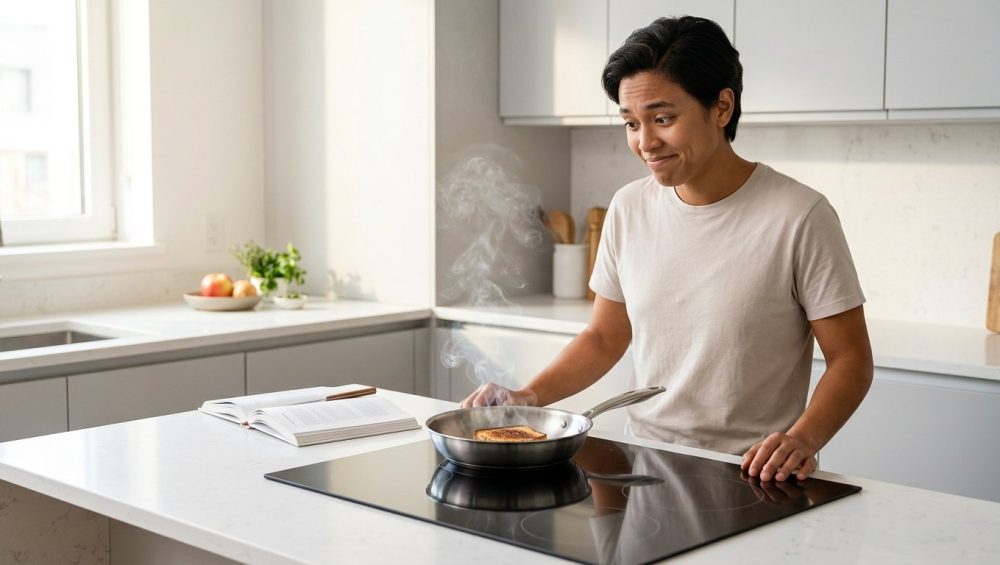A young adult in a bright, modern kitchen looks with a wry, exasperated smile at a stainless steel pan on the stovetop, from which a small curl of smoke rises from a slightly charred piece of food. An open cookbook lies nearby.