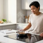 A young adult in a bright, modern kitchen looks with a wry, exasperated smile at a stainless steel pan on the stovetop, from which a small curl of smoke rises from a slightly charred piece of food. An open cookbook lies nearby.