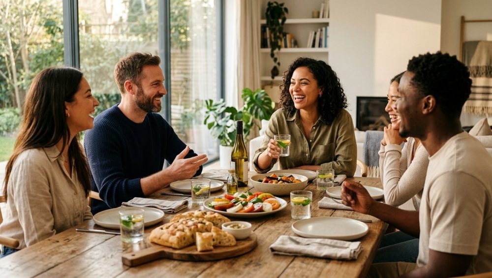 A photorealistic image of a joyful, sun-drenched dinner party. Diverse young friends share laughter and conversation in a modern, minimalist home with natural wood accents, bathed in soft, natural light. The table is laden with simple, fresh dishes like Caprese salad, focaccia, and a wholesome main, alongside drinks. A shallow depth of field highlights their genuine connection and the inviting spread.
