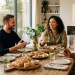A photorealistic image of a joyful, sun-drenched dinner party. Diverse young friends share laughter and conversation in a modern, minimalist home with natural wood accents, bathed in soft, natural light. The table is laden with simple, fresh dishes like Caprese salad, focaccia, and a wholesome main, alongside drinks. A shallow depth of field highlights their genuine connection and the inviting spread.