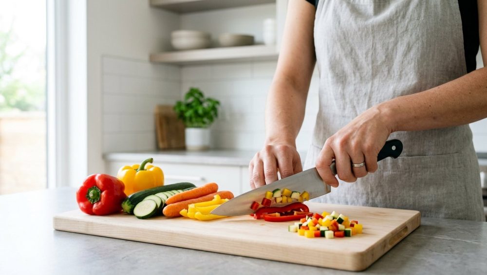 A close-up shot of a home cook's hands precisely chopping vibrant fresh vegetables like bell peppers and carrots on a light wooden cutting board. A sharp chef's knife is held confidently, reflecting capable, non-professional skill. Neatly arranged ingredients sit nearby in a bright, modern, minimalist kitchen background, conveying a sense of calm accomplishment.