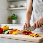 A close-up shot of a home cook's hands precisely chopping vibrant fresh vegetables like bell peppers and carrots on a light wooden cutting board. A sharp chef's knife is held confidently, reflecting capable, non-professional skill. Neatly arranged ingredients sit nearby in a bright, modern, minimalist kitchen background, conveying a sense of calm accomplishment.