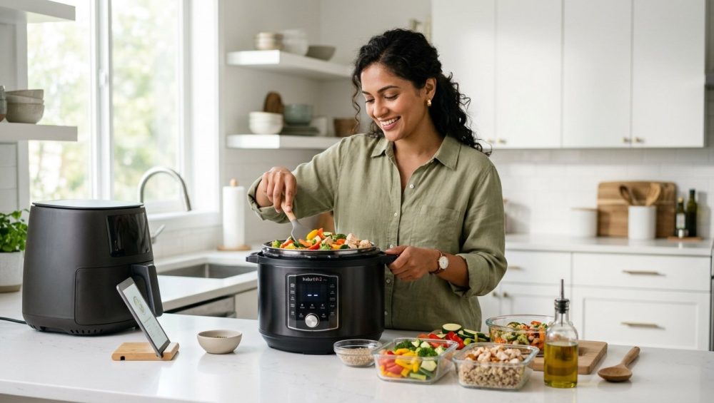A smiling person confidently prepares a healthy meal in a bright, modern, minimalist kitchen. They are using a sleek, trendy appliance, surrounded by neatly organized fresh ingredients like colorful chopped vegetables. The scene evokes easy, stress-free cooking and healthy meal prep.