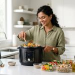 A smiling person confidently prepares a healthy meal in a bright, modern, minimalist kitchen. They are using a sleek, trendy appliance, surrounded by neatly organized fresh ingredients like colorful chopped vegetables. The scene evokes easy, stress-free cooking and healthy meal prep.