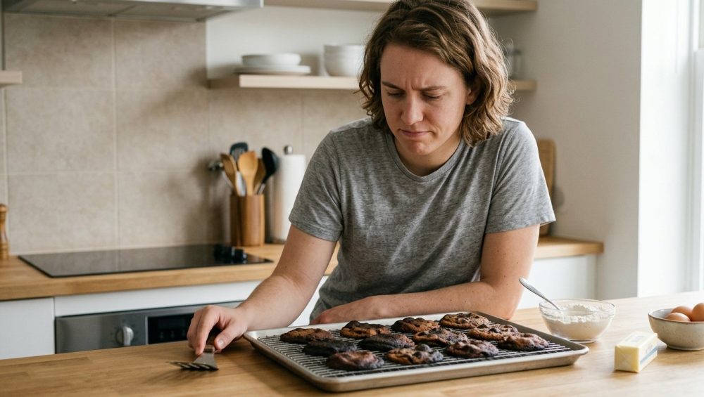 A candid, photorealistic close-up of a young adult in a bright kitchen looking down with a mix of frustration and determination at a tray of slightly burnt cookies on the counter.