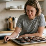 A candid, photorealistic close-up of a young adult in a bright kitchen looking down with a mix of frustration and determination at a tray of slightly burnt cookies on the counter.