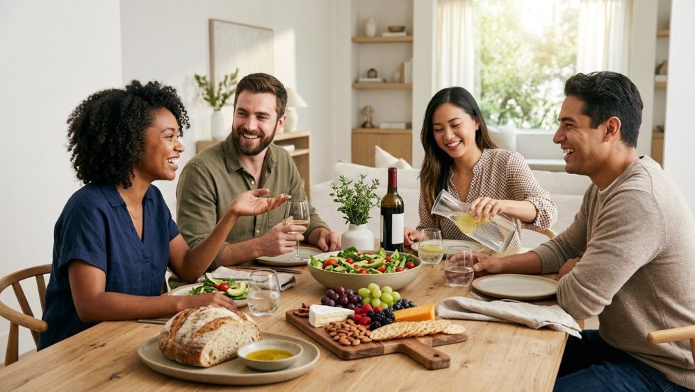 A diverse group of young adults enjoying an effortless, joyful gathering around a modern dining table laden with simple, delicious food like salad, cheese, and bread, in a bright, uncluttered home.