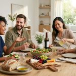 A diverse group of young adults enjoying an effortless, joyful gathering around a modern dining table laden with simple, delicious food like salad, cheese, and bread, in a bright, uncluttered home.