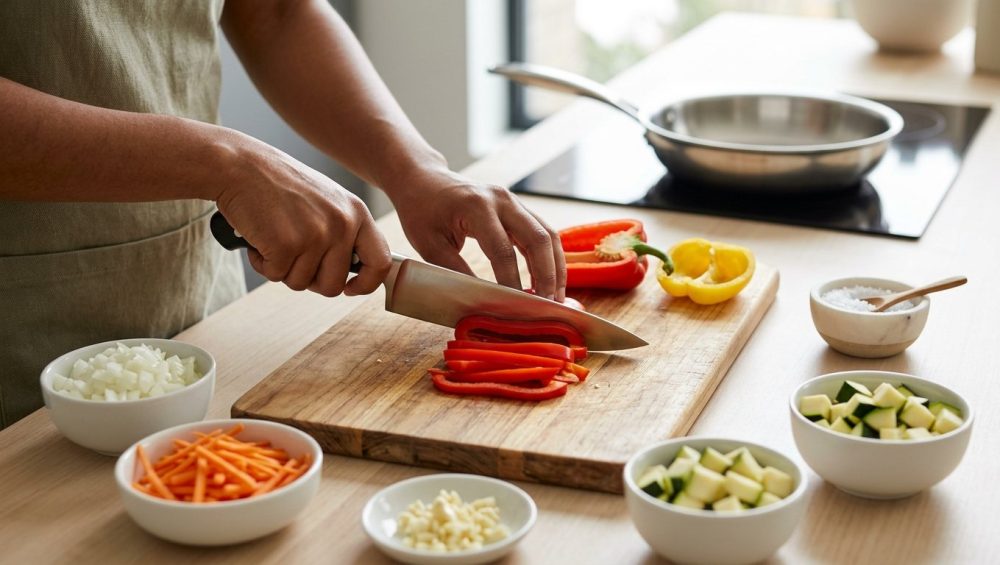 A close-up of hands expertly dicing a vibrant red bell pepper on a wooden cutting board in a clean, minimalist kitchen, surrounded by neatly arranged prep bowls under soft natural light.