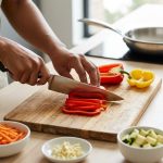 A close-up of hands expertly dicing a vibrant red bell pepper on a wooden cutting board in a clean, minimalist kitchen, surrounded by neatly arranged prep bowls under soft natural light.