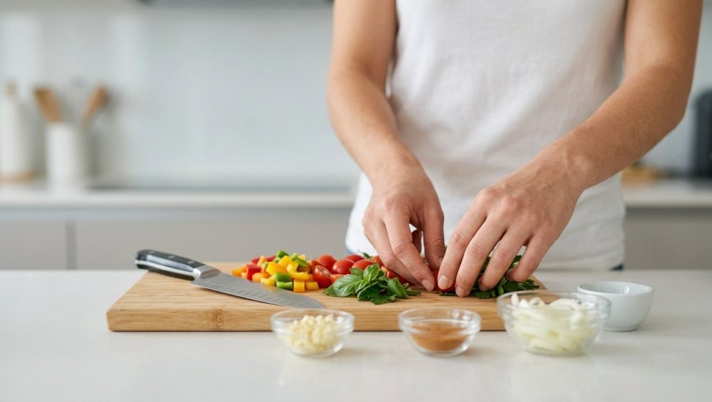 Close-up of human hands meticulously arranging fresh, vibrant ingredients on a clean kitchen countertop. Neatly chopped bell peppers, cherry tomatoes, and herbs are on a cutting board beside a resting chef's knife. Small prep bowls hold pre-portioned ingredients, clearly demonstrating 'mise en place' in a bright, photorealistic, and organized modern kitchen setting.