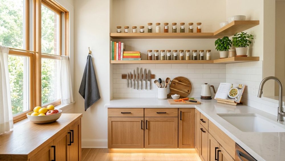 A bright, inviting, and highly organized kitchen with warm neutral tones and abundant natural light. Floating shelves display spices, cookbooks, and herbs, while a tidy countertop holds fresh fruit and cooking essentials. It's a beautifully upgraded, practical space for a home cook.