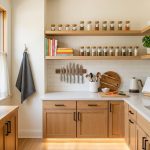A bright, inviting, and highly organized kitchen with warm neutral tones and abundant natural light. Floating shelves display spices, cookbooks, and herbs, while a tidy countertop holds fresh fruit and cooking essentials. It's a beautifully upgraded, practical space for a home cook.