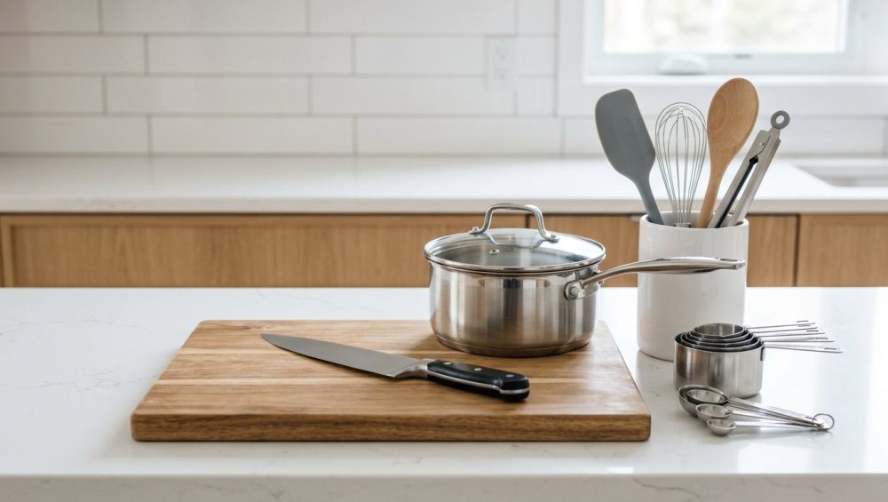 An ultra-photorealistic, minimalist scene of essential cooking tools neatly arranged on a pristine, light kitchen counter. A sharp chef's knife, wooden cutting board, stainless steel saucepan, and measuring cups are prominent, bathed in soft natural light.
